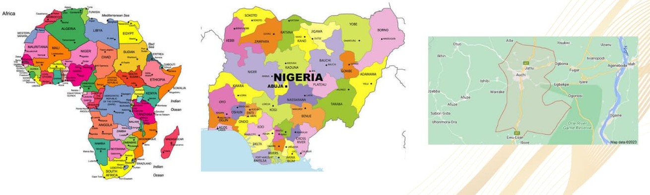 Maps showing Africa, Nigeria, and Fugar's location in Edo State